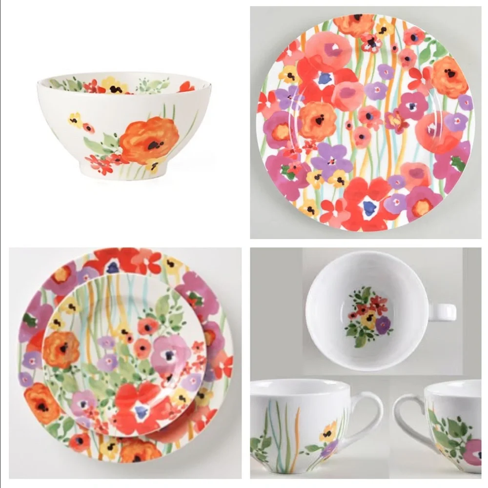 4 Pc Verdant Acres by ANTHROPOLOGIE Dinner & Salad Plate + Bowl + Mug Dish Set